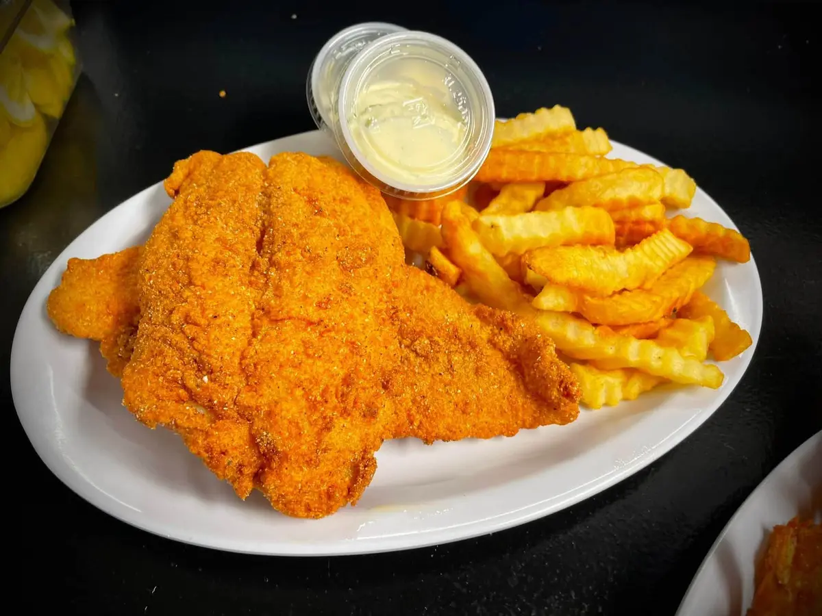 Golden fried fish with fries and dipping sauce